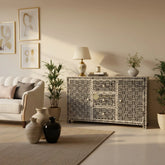 Bone Inlay Tic Tac Design 3 Drawers 2 Doors Sideboard Table Black