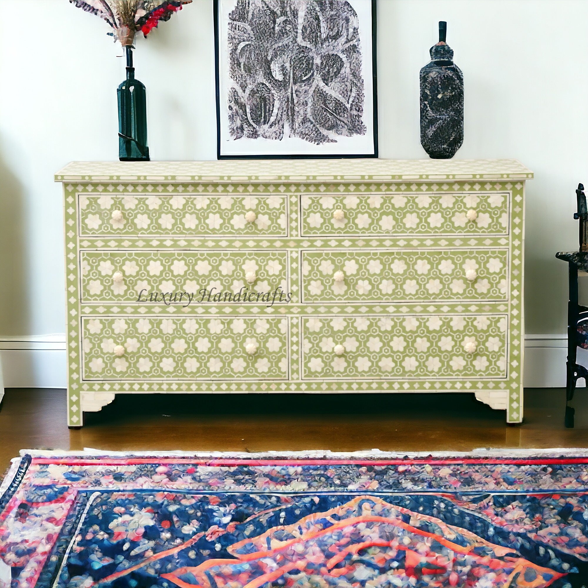 Flower Bone Inlay 6 Drawer Dresser Sage Green Lakecity Handicrafts Flower Bone Inlay 6 Drawer Dresser Sage Green Lakecity Handicrafts
