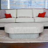 Full Bone Inlay Oval Shape Coffee Table White & Mint Blue | Full Bone Inlay Oval Shape Center Table White & Mint Blue