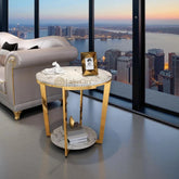 Gold Faux Marble Round End Table with Storage Shelf