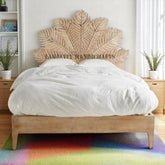 Hand-carved Craftology Palm Leaf Queen Bed Natural Brown | Wood Carved Bed Natural Frame Brown