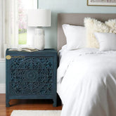 Hand-carved Floral Design 3 Drawers Bedside Table Indigo | Hand-carved Floral Design 3 Drawers Nightstand Table