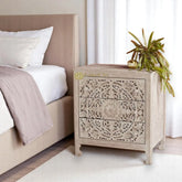 Hand-carved Floral Design 3 Drawers Bedside Table Washed Grey | Hand-carved Floral Design 3 Drawers Nightstand Table