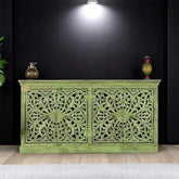 Hand-carved Floral Design 4 Doors Sideboard Buffet Green