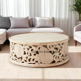 Hand-carved Floral Design Coffee Table Large in Natural Brown
