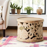 Hand-carved Floral Side Table Natural Brown