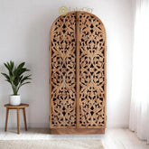 Hand-carved Flower-vine 2 Doors Armoire Natural Brown | Hand-carved Wood Flower-vine 2 Doors Wardrobe