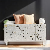 Hand-carved Large Roses 4 Door Sideboard Buffet White