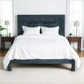 Hand-carved Low Lombok Bed Natural Blue | Wood Carved Bed Natural Frame Blue