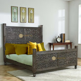 Hand-carved Mango Wood Bed Dark Brown | Wood Carved Double Bed Dark Brown