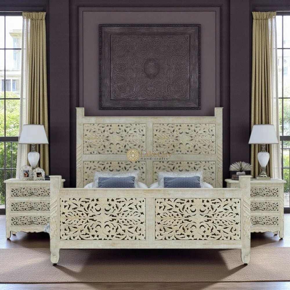Hand - carved Mango Wood Bed White | Wood Carved Double Bed White - Lakecity Handicrafts