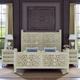 Hand-carved Mango Wood Bed White | Wood Carved Double Bed White