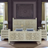 Hand - carved Mango Wood Bed White | Wood Carved Double Bed White - Lakecity Handicrafts