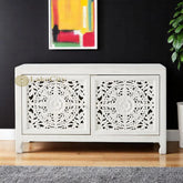 Hand-carved New York Lombok 2 Doors Media Unit White Main | Hand-carved New York Lombok 2 Doors Entertainment Unit White