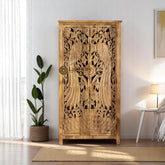 Armario de dos puertas con diseño de pavo real tallado a mano, color marrón natural | Armario de dos puertas con diseño de pavo real tallado a mano