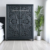 Hand-carved Lombok 2 Door Armoire Indigo Blue | Hand-carved Lombok 2 Door Wardrobe Indigo Blue
