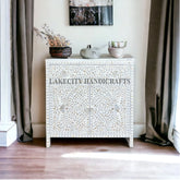 Mother Of Pearl Inlay Scroll-vine Design 1 Drawer & 2 Doors Cabinet White