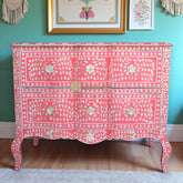 Mother Of Pearl Inlay Chest 2 Curved Drawer Floral Design Pink