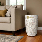 Mother Of Pearl Inlay Drum-Shape Floral Design Side Table White