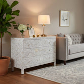 Mother Of Pearl Inlay Edge Floral Design 3 Drawers Dresser Table White