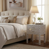 MOP Inlay Floral 2 Drawer Bedside Long Leg White