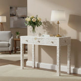 Mother Of Pearl Inlay Floral 3 Drawer Console Table White
