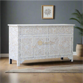 Mother Of Pearl Inlay Floral Design 2 Drawers & 4 Doors Sideboard Table Off-White