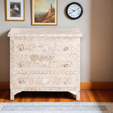 Mother Of Pearl Inlay Floral Design 3 Drawers Chest Pale Pink