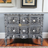 Mother Of Pearl Inlay Floral Design Curved 2 Drawers Chest Black