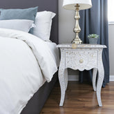 Mother Of Pearl Inlay Floral Design French Legs Bedside 1 Drawer White