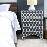 Bone Inlay Honeycomb Design 1 Drawer & 2 Doors Bedside Table Black | Mother Of Pearl Inlay Honeycomb Design Nightstand Table Black