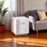 Mother Of Pearl Scroll-vine Design Square Side Table White