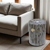 Mother Of Pearl Inlay Stripe Design Round Side Table Black