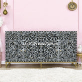 Mesa buffet negra con incrustaciones de nácar, diseño de enredadera, 2 cajones y 4 puertas