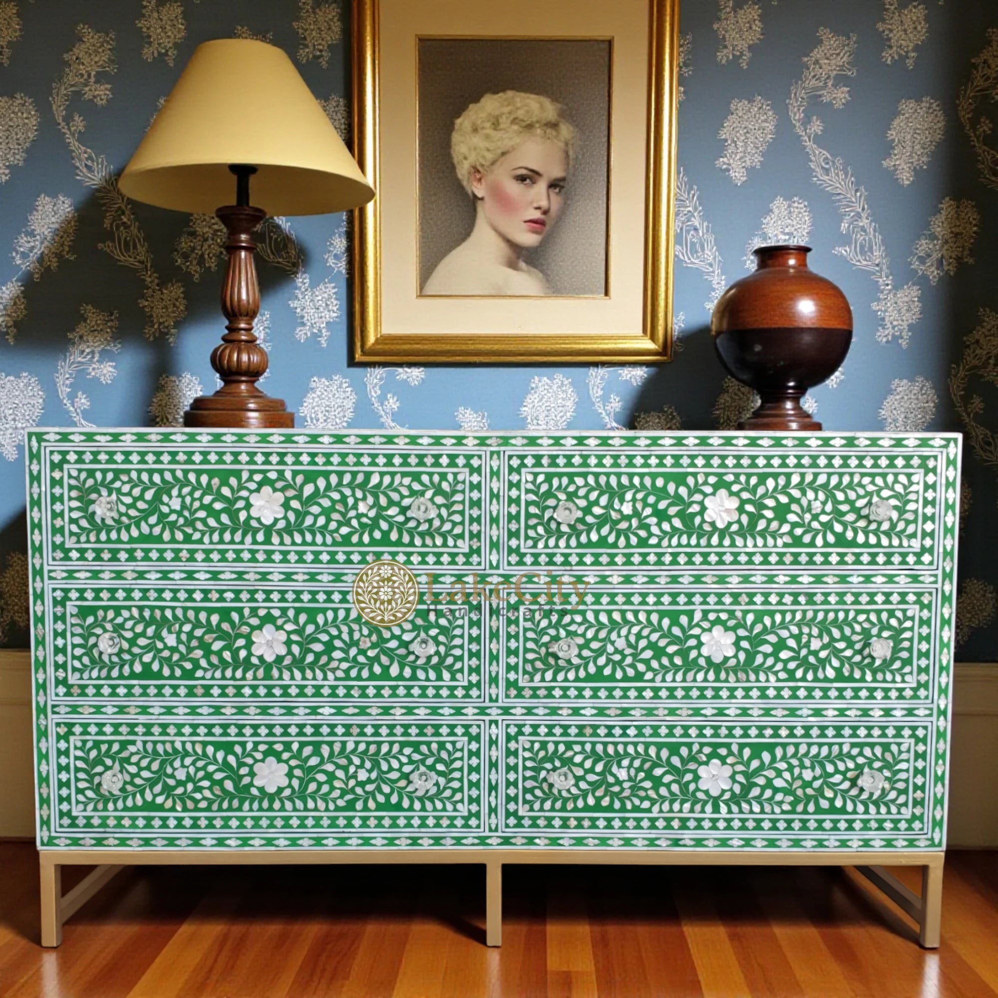 Mother Of Pearl Inlay Scroll-vine Design 6 Drawers Dresser Table Green Lakecity Handicrafts Mother Of Pearl Inlay Scroll-vine Design 6 Drawers Dresser Table Green Lakecity Handicrafts