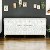 Mother Of Pearl Inlay Scroll-vine Design 2 Drawers & 4 Doors Buffet Table White
