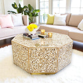 Teak Wood Inlay Floral Design Hexagonal Coffee Table White