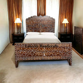 Bone Inlay Teakwood Bed Mihrab Walnut Finish