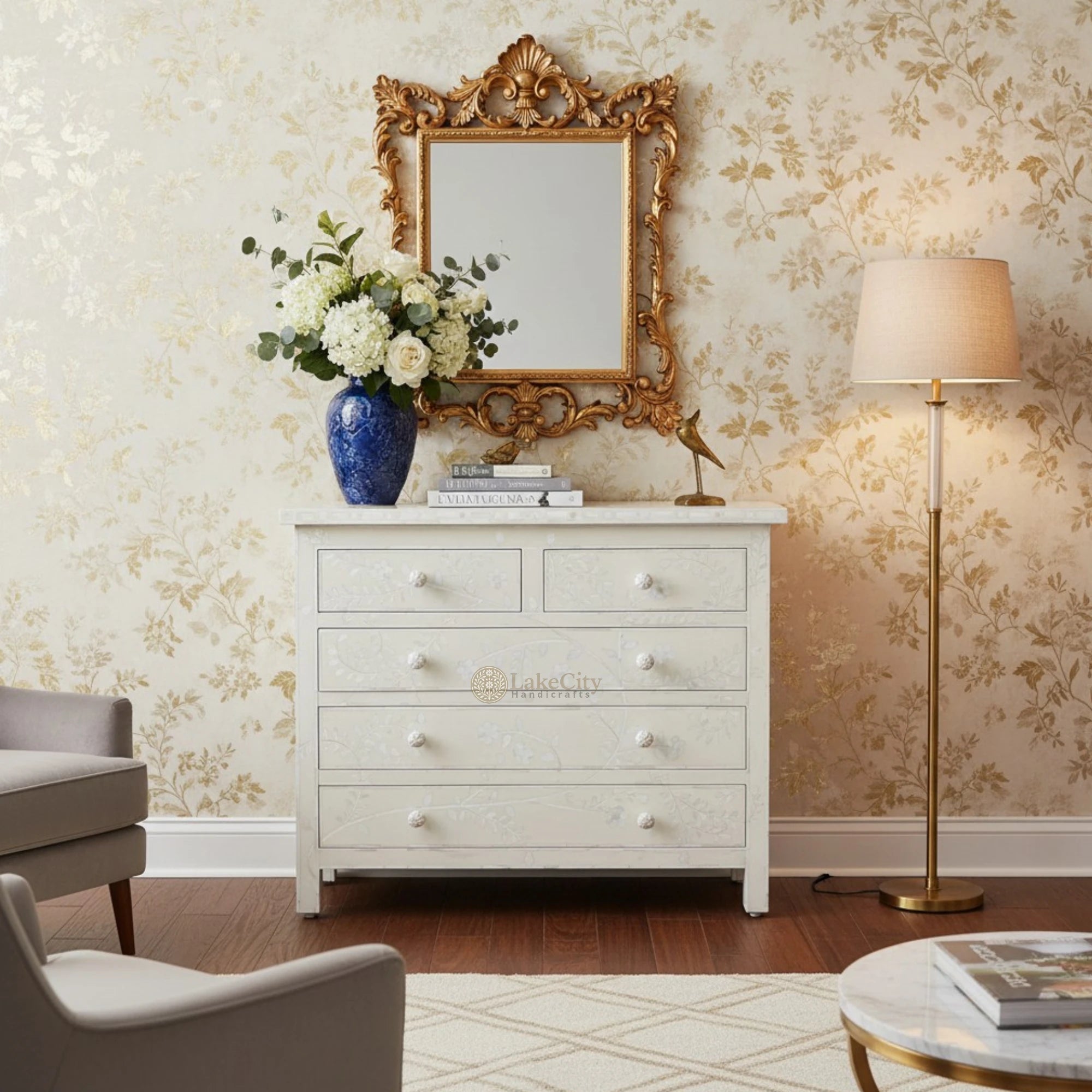 Vine Bone Inlay 5 Drawer Dresser Ivory – Lakecity Handicrafts