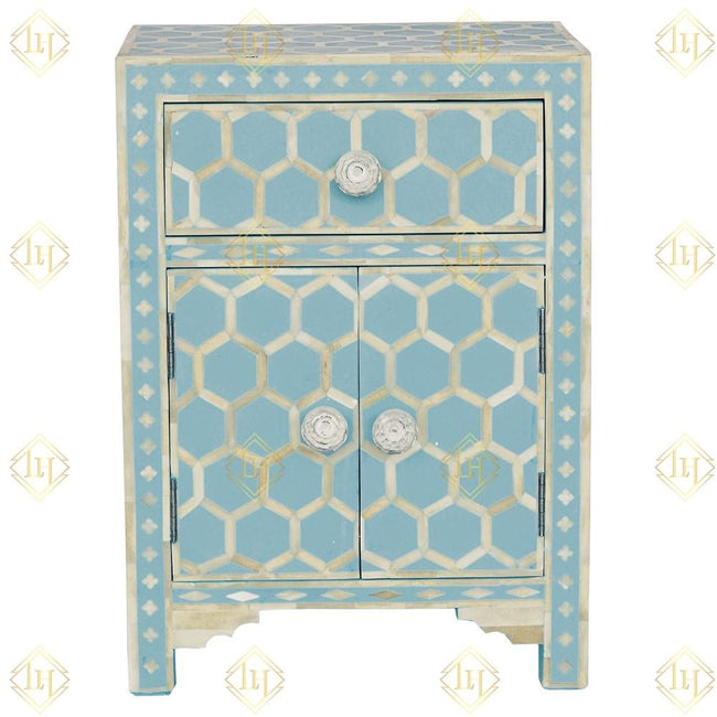 Bone Inlay 1 Drawer 2 Door Bedside Honeycomb Design Sky Blue 1