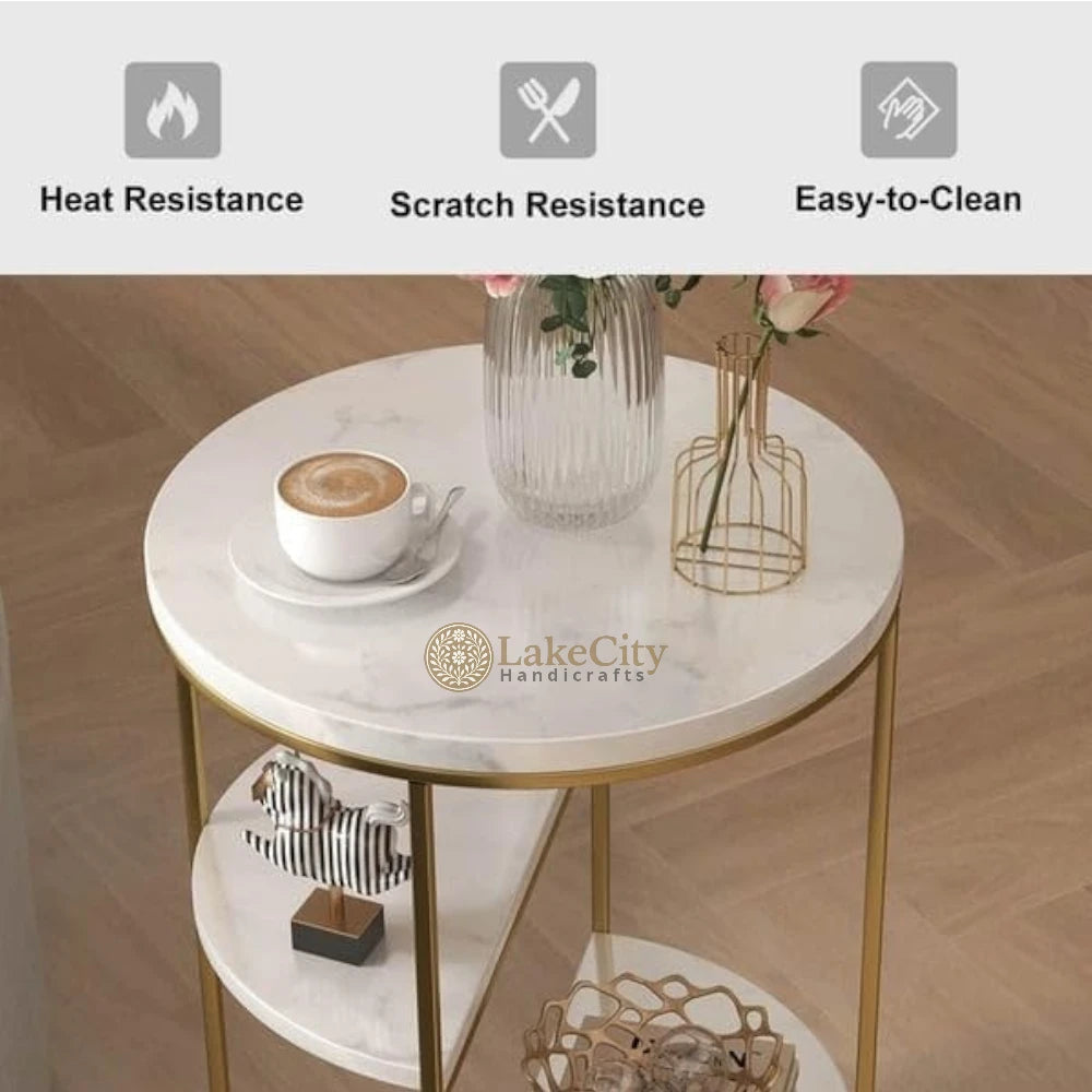 3-Tiered Shelf Sintered Stone Top & Metal Frame with White & Gold End Table