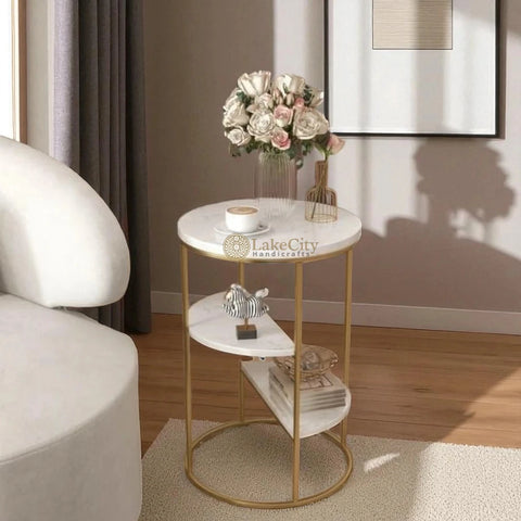3-Tiered Shelf Sintered Stone Top & Metal Frame with White & Gold End Table