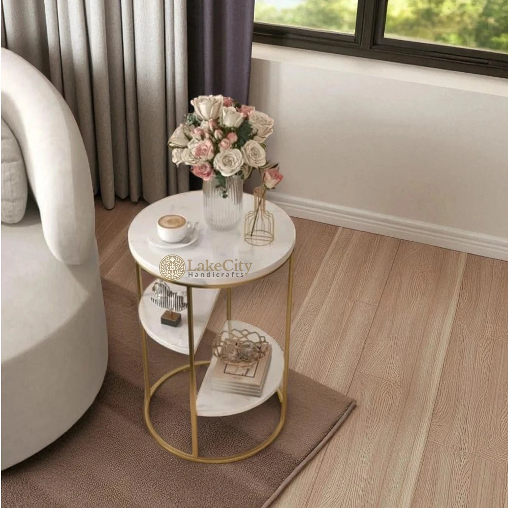 3-Tiered Shelf Sintered Stone Top & Metal Frame with White & Gold End Table