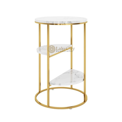 3-Tiered Shelf Sintered Stone Top & Metal Frame with White & Gold End Table