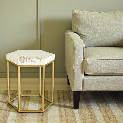 Mesa auxiliar de rayas hexagonales con incrustaciones de hueso, color blanco