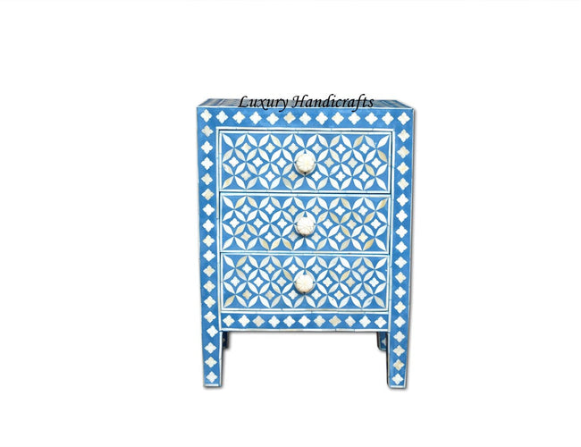 Handmade Bedside In Bone Inlay 3 Drawer Geometric Blue 1