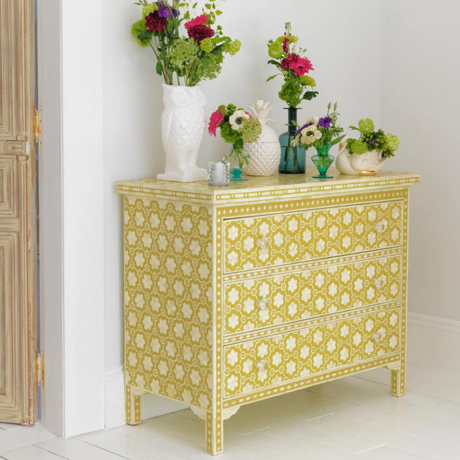 Bone Chest Of 3 Drawer Flower Design Yellow 1