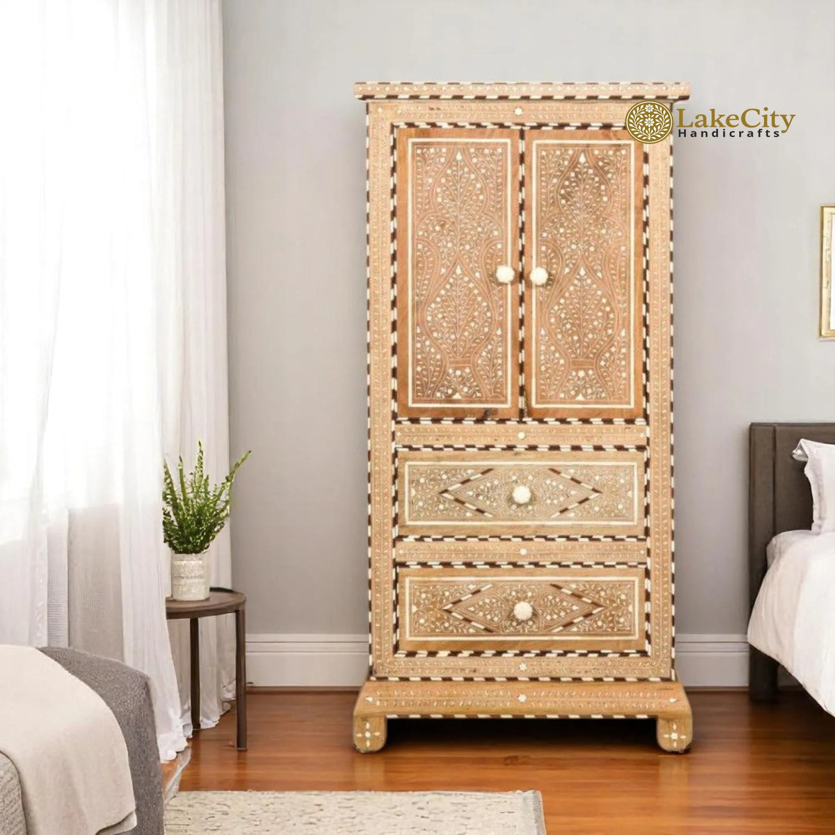 Antique Hand-carved Bone Inlay Teak Wood Almirah