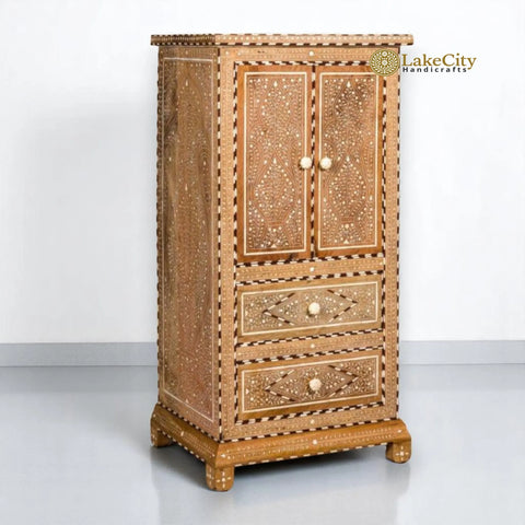 Antique Hand-carved Bone Inlay Teak Wood Almirah