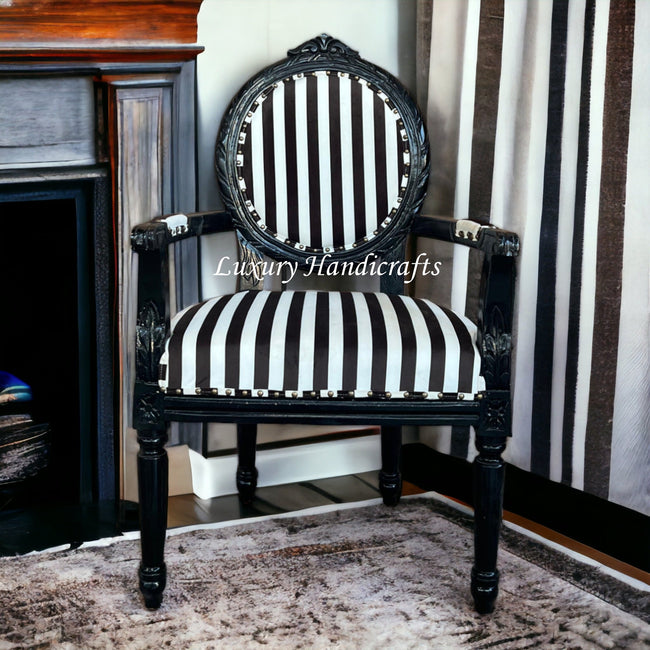 Front view of the Archibald Baroque Velvet Striped Black Chair with arms 1